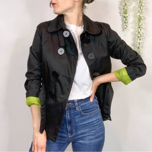 SOIA & KYO black cotton jacket belted double row buttons scoop pockets - Picture 12 of 14